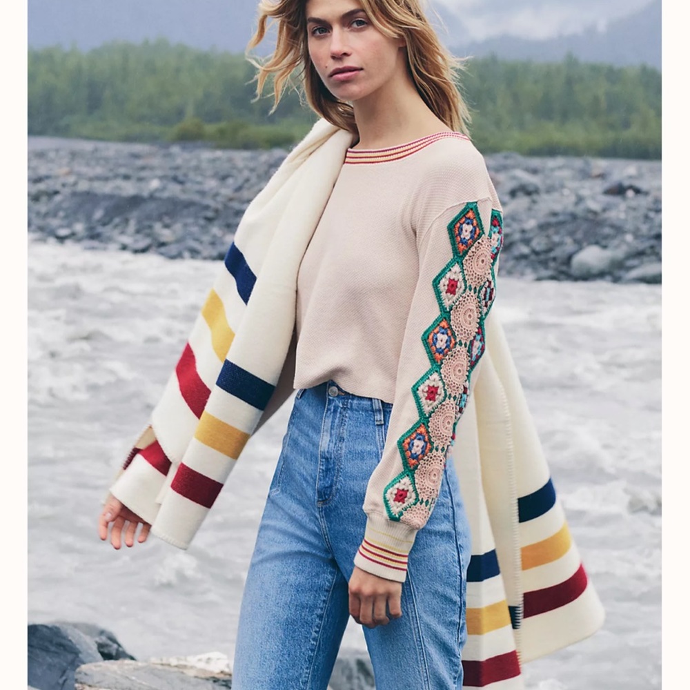 Free People Gift of Crochet Granny Square Pattern Sleeve Thermal Cropped Top
